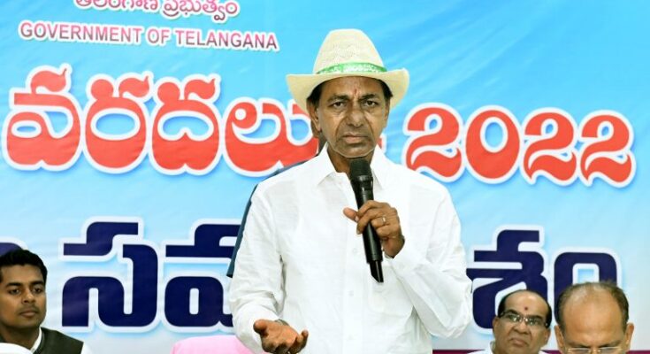 CM KCR interacting with media personnel after inspecting the flood-affected areas in Bhadrachalam