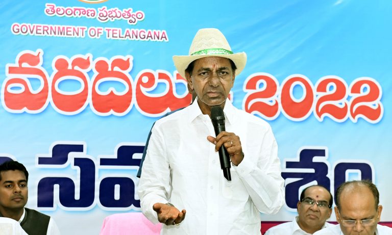 CM KCR interacting with media personnel after inspecting the flood-affected areas in Bhadrachalam